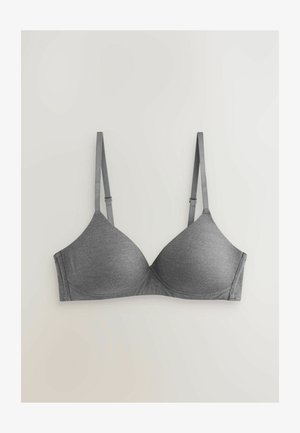 Grijze, naadloze, draadloze bh met verstelbare banden en een gladde textuur. Voorzien van driehoekige cups en versterkte randen voor ondersteuning.