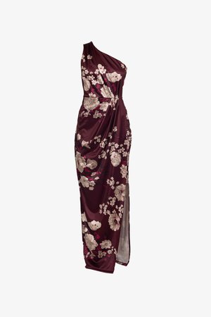 Burgunderfarbene Ein-Schulter-Kleid aus Satin, mit floralem Muster in Creme und Rosa, drapiertem Stoff und einem hohen Schlitz bis zum Oberschenkel.