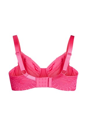 Horúco ružová krajková podprsenka s nastaviteľnými saténovými ramienkami, tradičným zapínaním na háčiky a očká a kvetinovým vzorom na chrbte.