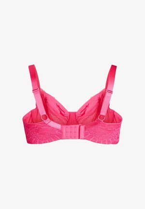 Felle roze kanten bh met verstelbare satijnen bandjes, een traditionele haak-en-oogsluiting en een bloemenpatroon aan de achterkant.