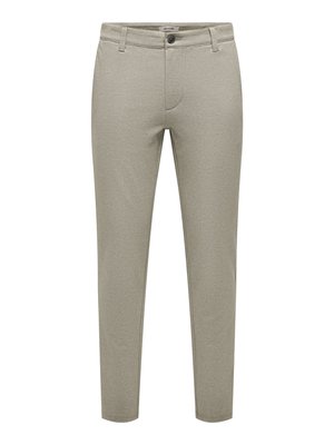 Beige Slim-Fit-Hose mit Gürtelschlaufen, Knopf- und Reißverschluss vorne sowie zwei Seitentaschen.