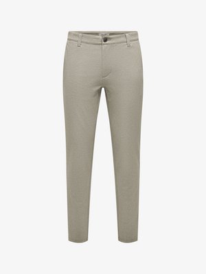 Beige slim-fit bukser med beltehemper, knapp- og glidelåslukking foran og to sidelommer.