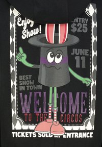 Black graphic shirt featuring a cartoon magician's hat with red and white bunny ears, green arms, and bold text displaying circus details.