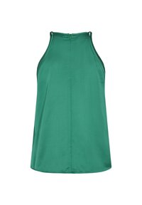 Blouse verte sans manches avec un col montant, tissu lisse et fermeture éclair au dos. Ajustée aux épaules, légèrement évasée à l'ourlet.