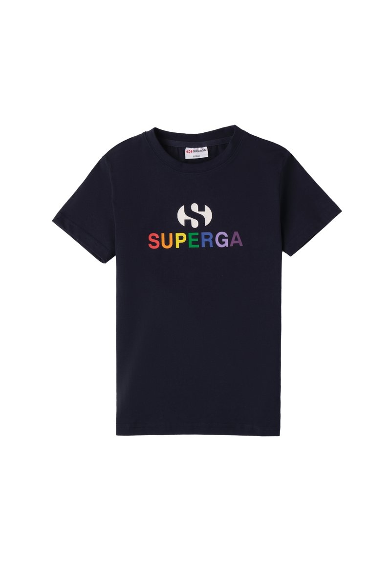 Camiseta de algodón azul marino de manga corta. Presenta un logo "SUPERGA" multicolor en el pecho, cuello redondeado y corte estándar.