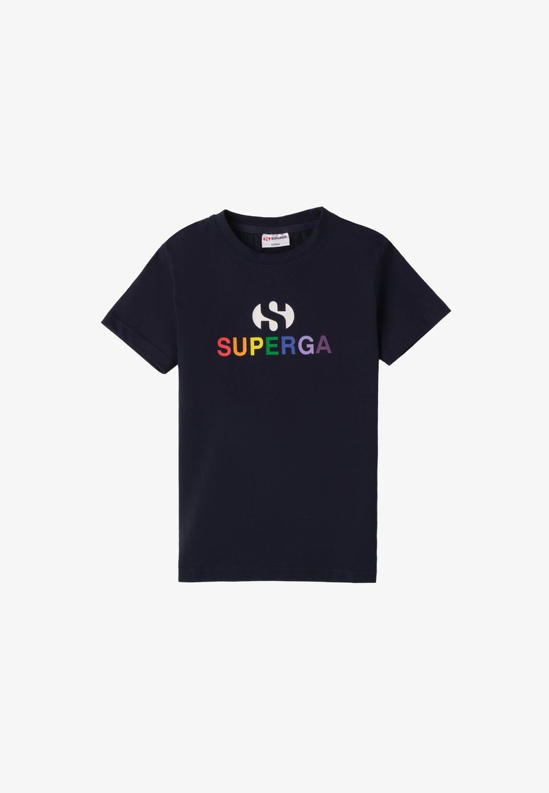 Camiseta de algodón azul marino de manga corta. Presenta un logo "SUPERGA" multicolor en el pecho, cuello redondeado y corte estándar.