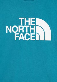 Turkio spalvos marškinėliai su dideliu baltu užrašu "THE NORTH FACE" ir puslankio grafika. Medžiaga yra minkšta, su glotnia tekstūra.