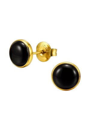 Gouden oorknopjes met gladde, ronde zwarte steen in het midden, bevestigd met vlinderklemmen, afgebeeld op een witte achtergrond.