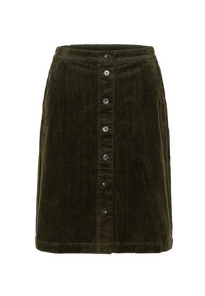 Jupe en velours côtelé vert olive avec une fermeture à boutons sur le devant, présentant une texture à côtes verticales et une légère forme évasée.