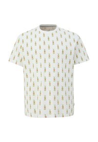 Witte T-shirt met korte mouwen featuring een herhaalde print van groene ananassen met roze accenten. Zachte stof, ontspannen pasvorm, ronde hals.