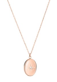 Roze gouden medaillonketting met een gladde ovale vorm, voorzien van een stervormig ontwerp en een centrale heldere steen, hangend aan een delicate ketting.
