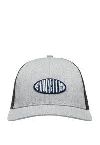 Gray cap with a rounded brim, featuring a dark mesh back. An oval blue patch with white stitching displays the "Billabong" logo.