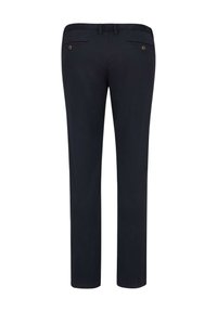 Dunkelblaue Hose aus Baumwollmischung mit schmal zulaufendem Bein, ausgestattet mit zwei Gesäßtaschen mit Knopfverschluss und Gürtelschlaufen an der Taille.