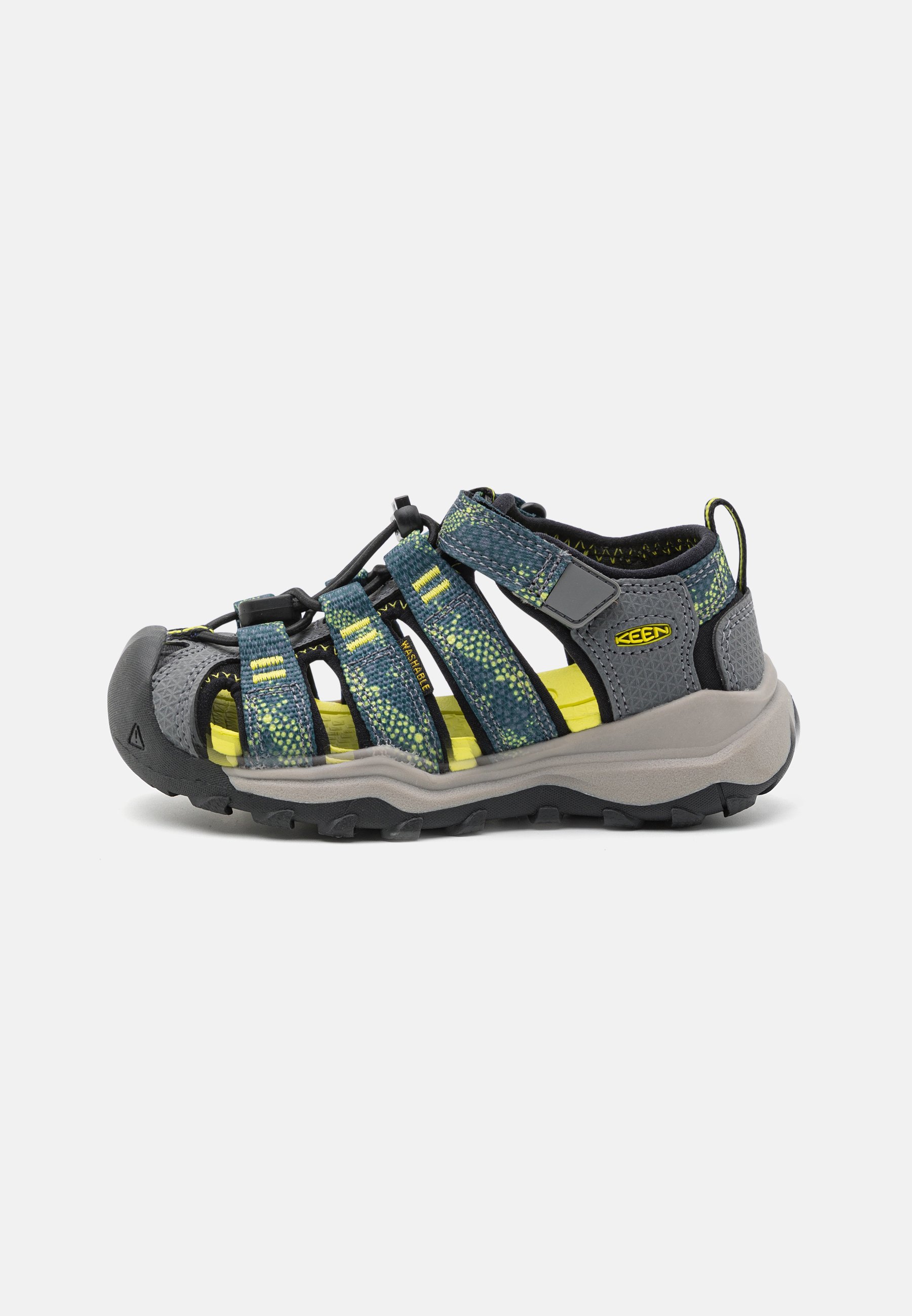 Keen Newport H2 sandals in green, with yellow accents, and black soles. Cut in half: KEEN Newport H2 Review | RunRepeat main image 2