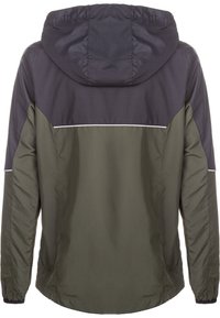 Huvtröja med en mörk marinblå övre del och en olivgrön nedre sektion, med en slät textur och en reflekterande accentstrimma över ryggen.