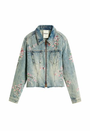 Light blue denim jacket with front zipper, two chest pockets, and pink floral embroidery on sleeves and front panels.