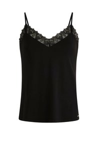 Camisola nera con spalline regolabili, caratterizzata da un dettaglio in pizzo sul collo e una texture di tessuto liscia. Design classico a V.