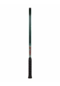 Badminton racket with a light green frame, black handle, and red branding. Features a streamlined design and textured handle for grip.