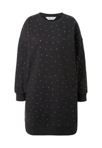 Schwarzes Sweatshirt-Kleid mit langen Ärmeln, kleinen, gleichmäßig verteilten silbernen Nieten, gerippten Bündchen und Rundhalsausschnitt.