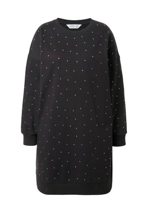 Zwarte sweatshirt jurk met lange mouwen, versierd met kleine gelijkmatig verdeelde zilveren studs, geribbelde manchetten en een ronde halslijn.