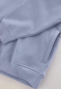 Felpa azzurra chiara con polsini e orlo a coste, texture morbida, dettagli con tasche laterali e stampa sottile vicino al collo.
