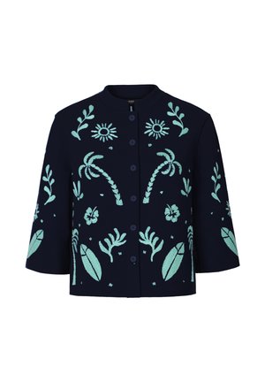 Tumesinine nööpidega jakk, mis on tikitud helesiniste troopiliste lillede, palmiokste, lehtede ja viinapuudega ning millel on kolmveerandvarrukad.