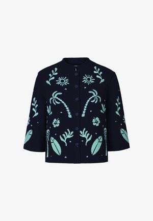 Tumesinine nööpidega jakk, mis on tikitud helesiniste troopiliste lillede, palmiokste, lehtede ja viinapuudega ning millel on kolmveerandvarrukad.