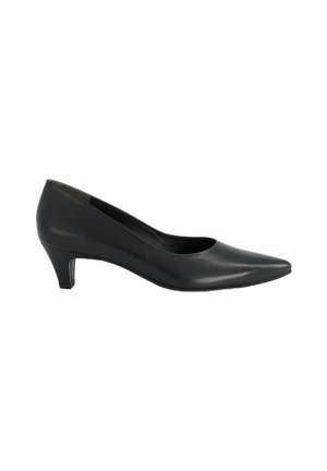 Schwarzer Lederpumps mit spitzem Zeh und niedrigem Absatz. Glatte Oberfläche, elegantes Design und keine sichtbaren Verzierungen.