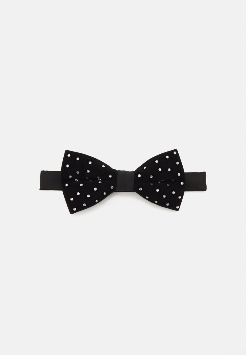 Schwarze Samtfliege mit weißen Polka-Dots, ausgestattet mit einem zentralen schwarzen Band und einer durchgängig glatten Satin-Oberfläche.