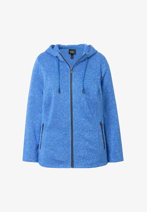 Blauwe zip-up hoodie met een gestructureerd patroon, verstelbare capuchon en twee zipzakken. Heeft een contrasterende zwarte rits en accenten.