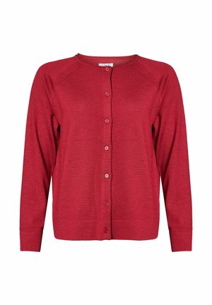 Cardigan rouge en tissu tricoté, avec un col rond, des manches longues et des boutons à l'avant. Finition texturée avec une coupe classique.
