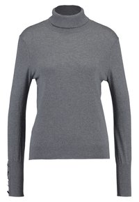 Grauer Rollkragenpullover aus weichem Strickmaterial. Verfügt über eine taillierte Passform mit langen Ärmeln und Knopf-Akzenten an den Bündchen.