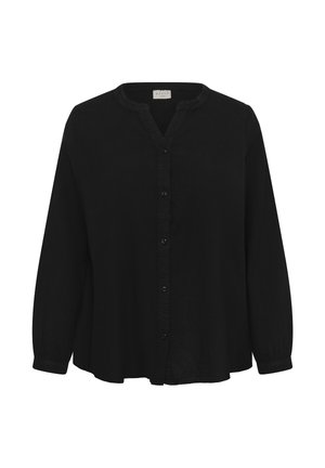 Blouse noire à manches longues avec col mandarin, boutonnière sur le devant et ourlet légèrement évasé, en tissu léger.