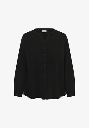 Musta pitkähihainen pusero mandariinikauluksella, napitettavalla edessä ja hieman levenevällä helmaosalla, valmistettu kevyestä kankaasta.