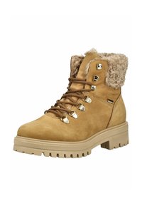 Beige-farbene Kunstleder-Ankle-Boots mit einem strukturierten beige-farbenen Pelzkragen, metallenen Schnürhaken und einer stabilen Gummisohle mit tiefen Profilnoppen.