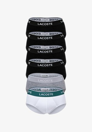 Lacoste herenondergoedset, bestaande uit vier zwarte, één grijze en één witte paar. Elastische taillebanden met merklogo; zachte katoenen stof.