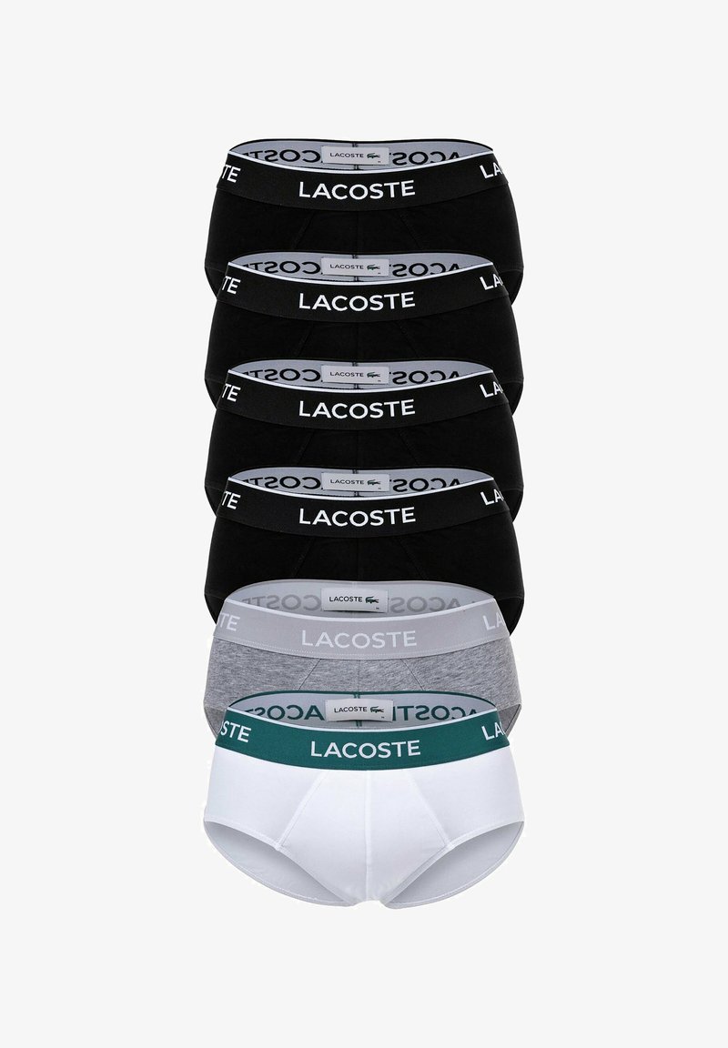 Set di lingerie da uomo Lacoste, composto da quattro paia neri, uno grigio e uno bianco. Fasce elastiche in vita con logo del marchio; morbido tessuto di cotone.