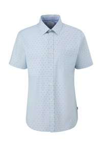 Korte mouwen lichtblauw shirt met een knoopsluiting aan de voorkant, voorzien van een klein geometrisch patroon en een klassieke kraag. Glad katoenmateriaal.