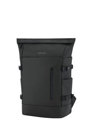 Black rectangular roll-top backpack with front vertical zipper pocket, side buckle straps, and Kapten & Son logo centered near top.