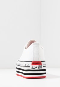 Vit kanvas sneakers med en tjock randig svart och vit plattformssula, röd accent och "CONVERSE ALL STAR" logotyp på hälen.