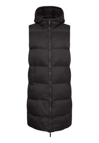 Zwarte mouwloze gewatteerde lange vest met rits aan de voorkant, capuchon en zijzakken, ontworpen voor koud weer.