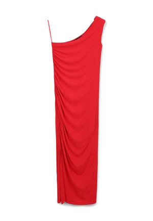 Robe rouges à une épaule avec un tissu drapé et une silhouette épurée. Fabriquée à partir d'un matériau doux et extensible, elle présente un design minimaliste et une texture soyeuse.