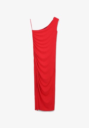 Robe rouges à une épaule avec un tissu drapé et une silhouette épurée. Fabriquée à partir d'un matériau doux et extensible, elle présente un design minimaliste et une texture soyeuse.