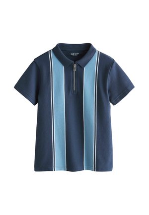 Navy blue polo shirt with short sleeves, featuring two vertical light blue stripes and a zippered collar. Cotton blend fabric.