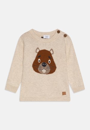 Pull en tricot beige à manches longues avec un visage de castor souriant sur le devant et deux boutons bruns sur l’épaule gauche.