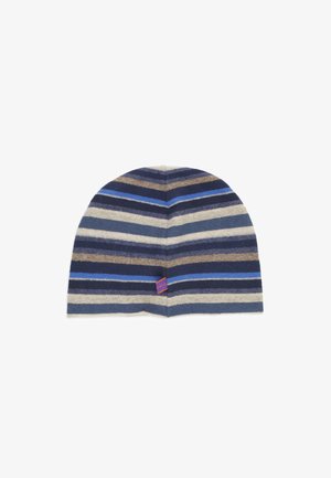 Berretto lavorato a maglia a righe blu, blu navy, grigio e toni neutri. Texture morbida con un piccolo etichetta alla base, cima arrotondata e vestibilità aderente.