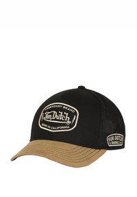 Casquette de camionneur noire avec une visi ère marron. Présente des patchs brodés blancs avec les textes "Von Dutch" et "Legendary Brand" sur le devant et le côté.