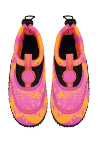 Farbige Slipper mit einem Obermaterial in pink und orange mit Muster, schwarzen Netzseiten und einem kreisförmigen Akzentdetail. Schwarze Gummisohle.