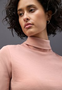 Rosa Rollkragenoberteil aus weichem Stoff, mit hohem Kragen und figurbetontem Design, glatter Textur und minimalen Nähten.
