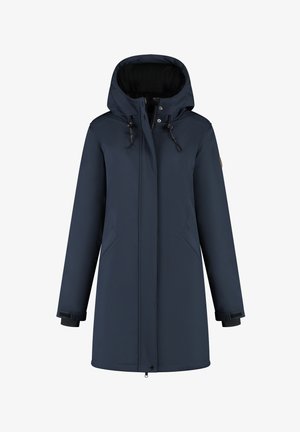 Marineblauwe lange winterjas met capuchon, voorrits, zijzakken, verstelbare polsbanden en trekkoorden op de capuchon.